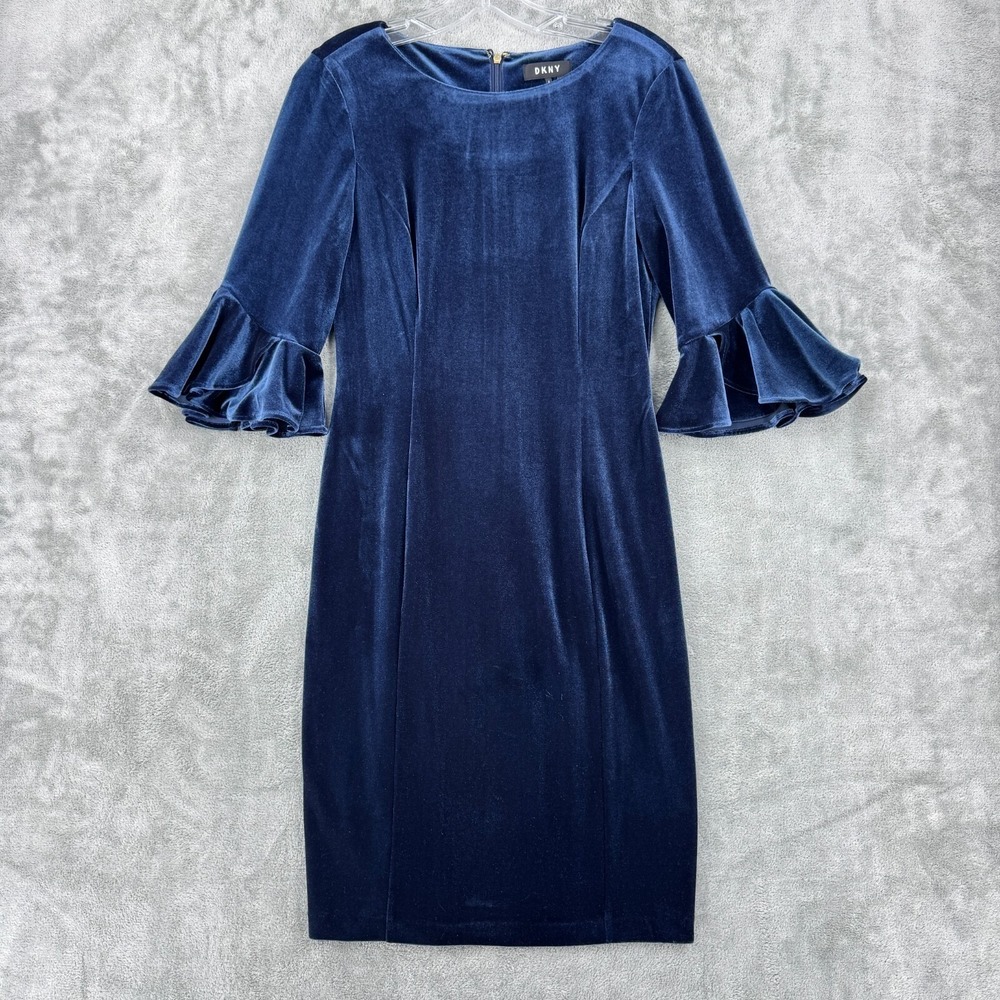 DKNY Dress Womens 6 Velvet Bell Sleeve Sheath Evening Event Career Back Zip Navy
